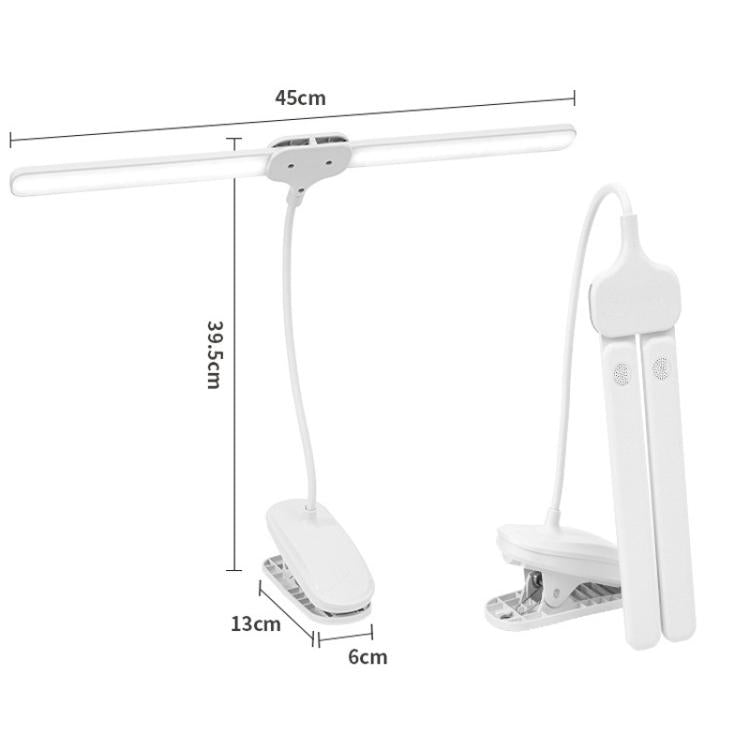 Dual-head clip-on LED lamp size: 45cm span, white clip base, flexible arms