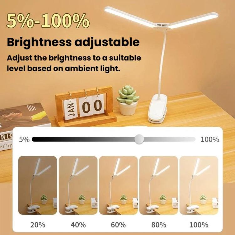 Dual-head LED reading lamp with brightness adjustment slider and white tabletop base.