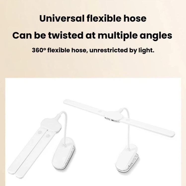 Dual-head LED clip-on reading lamp with flexible 360° hose arms, white.