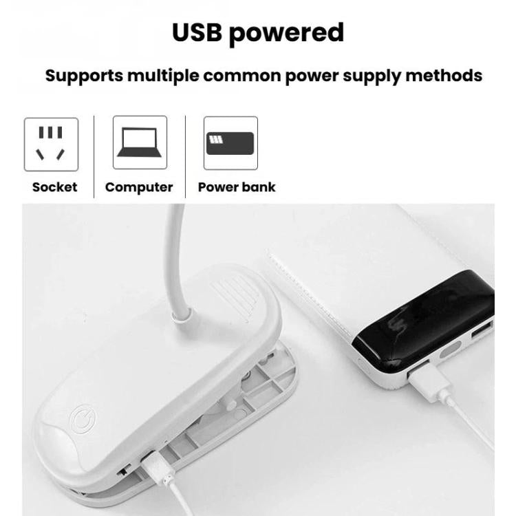 Dual-head clip-on LED reading lamp with USB charging, white flexible neck