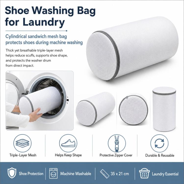 Cylindrical white mesh laundry bag with zipper cover for shoe washing, 35x21cm
