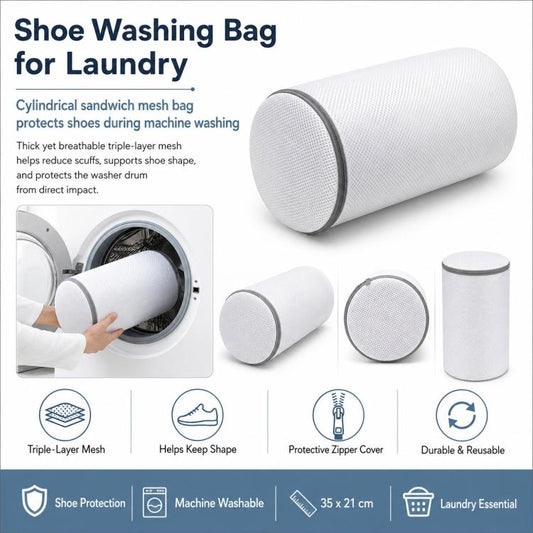 Shoe Washing Bag For Laundry Cylindrical Sandwich Mesh Laundry Bag With Durable Zipper Anti-Deformation & Protective Laundry Net, 35x21cm