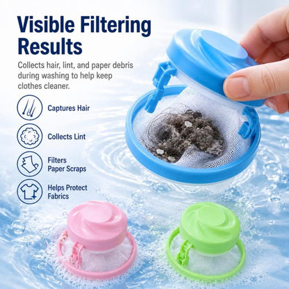 Floating washing machine lint filter with mesh net bag, capturing hair and lint inside