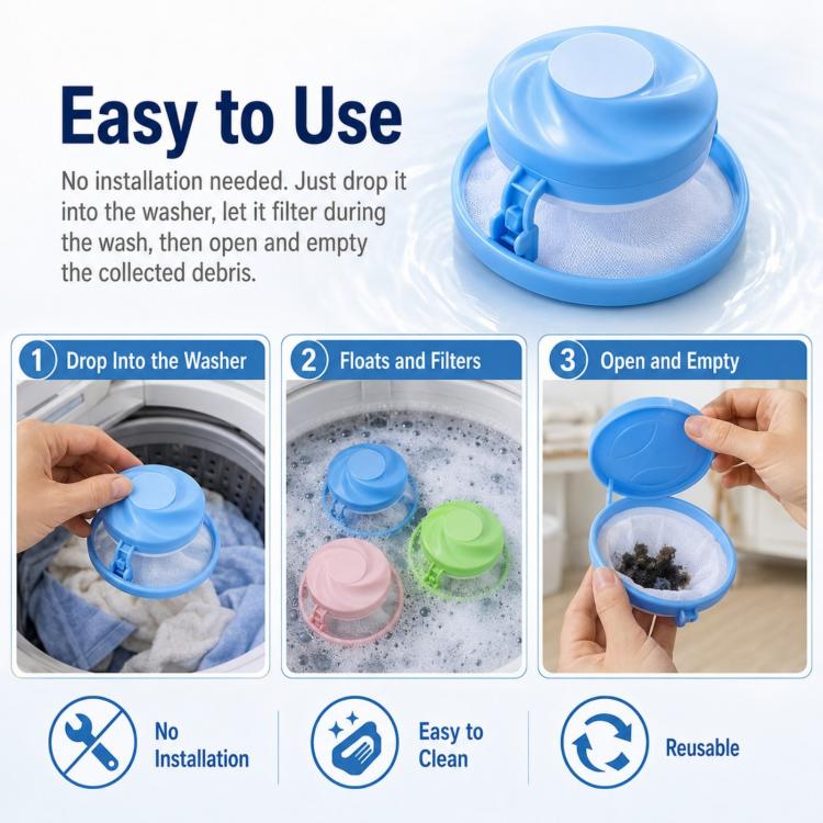 Reusable floating lint filter for washers, shown with blue and pink open mesh bag
