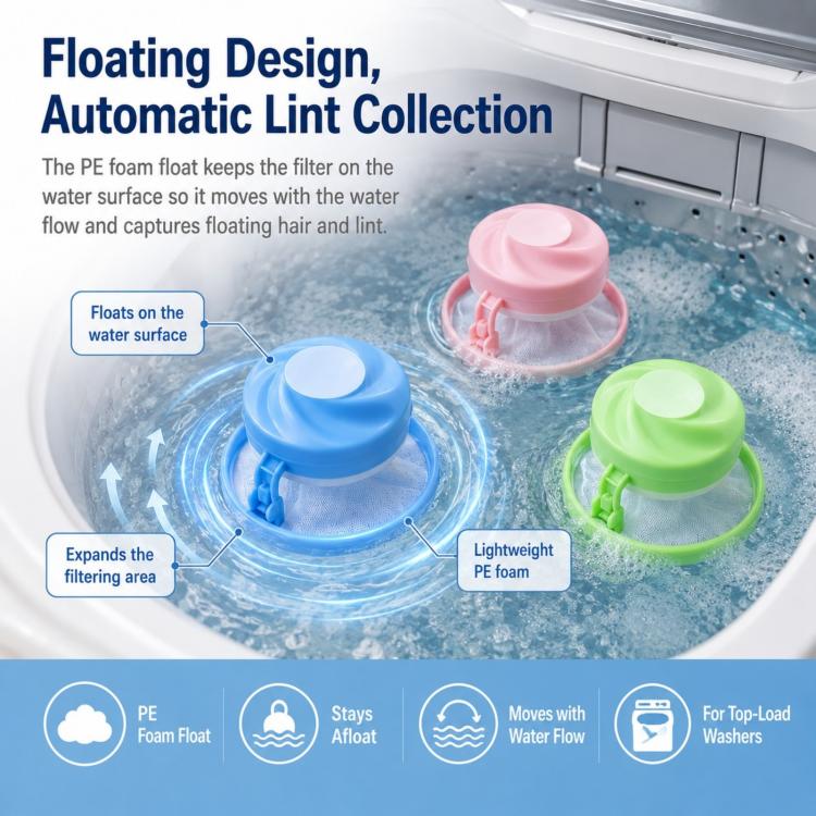 Set of floating lint filters with blue, pink, and green caps on washer water surface