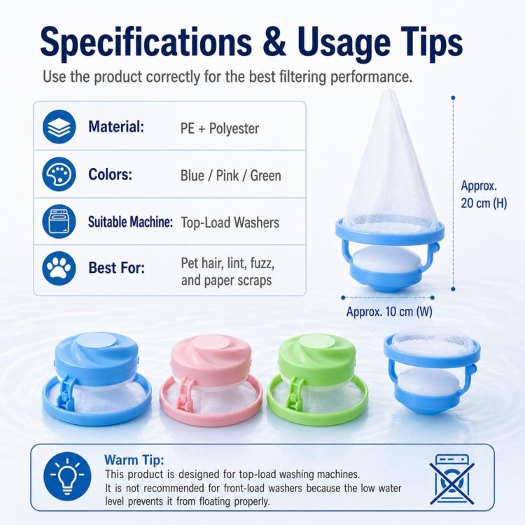 Floating mesh lint filter with blue, pink, and green caps shown with size sketch