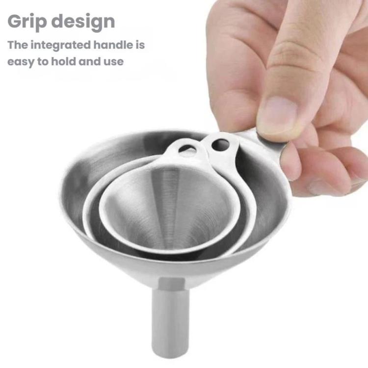 Stainless steel funnel dispenser with integrated grip handle held by hand