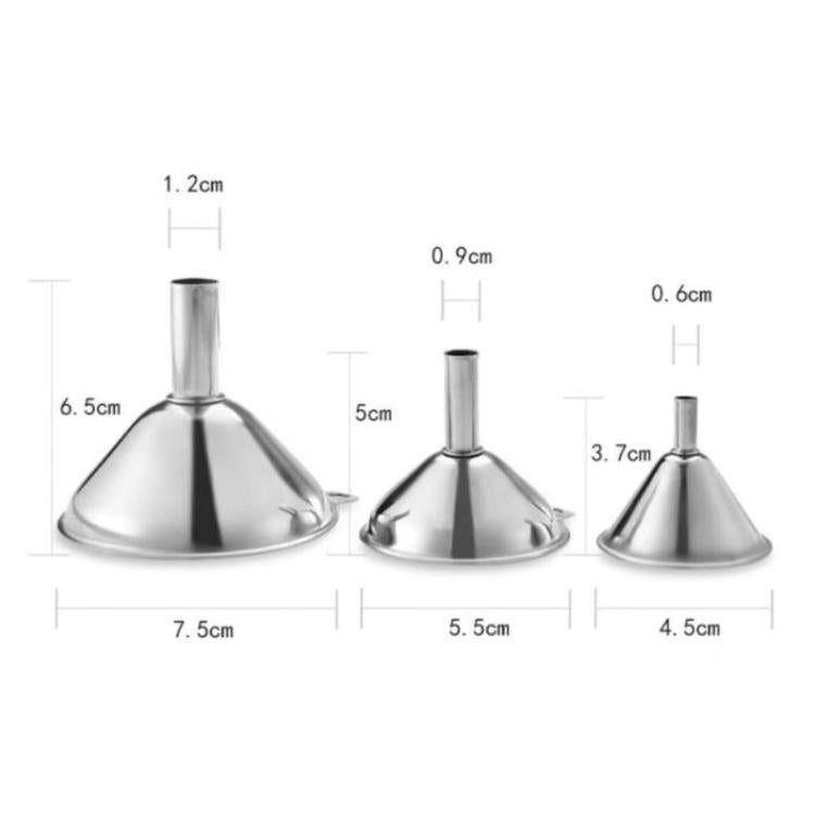 Stainless steel funnel dispenser size chart: 6.5cm, 5cm, 3.7cm funnel heights