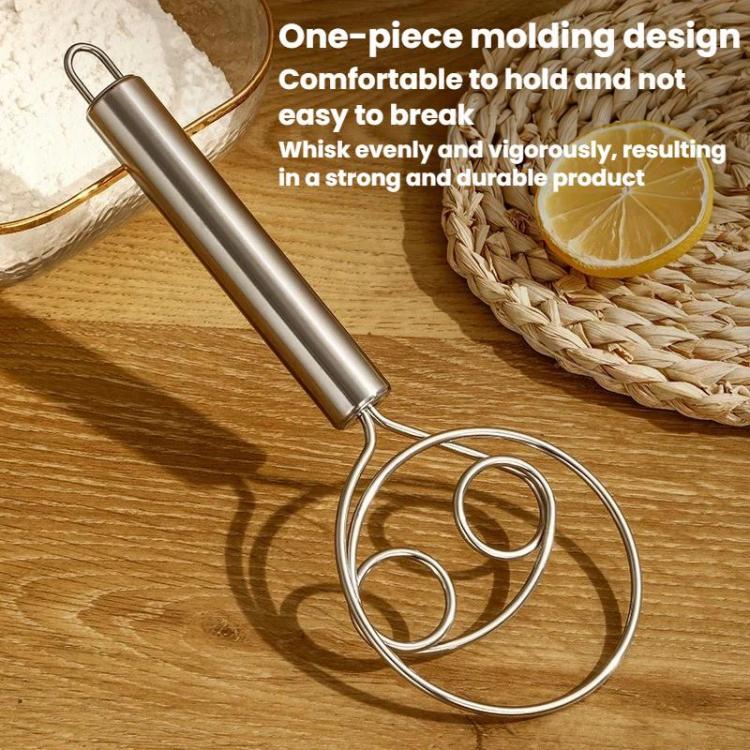 Stainless steel whisk with double coils and long cylindrical handle for mixing batter