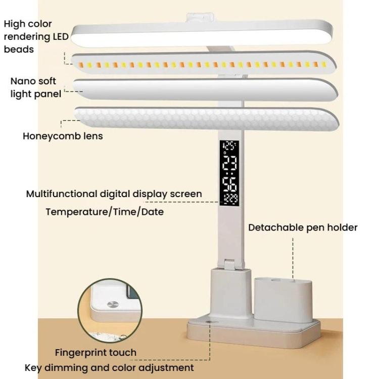 White LED desk lamp with honeycomb lens, touch dimming, and detachable pen holder