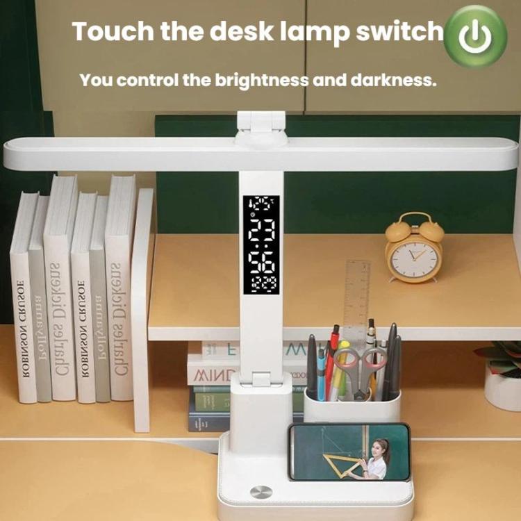 White portable LED desk lamp with touch control, time display, and pen holder