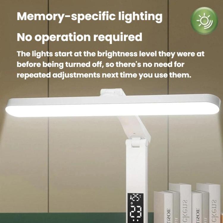 White portable LED desk lamp with time display and long light bar