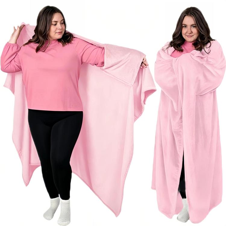 Pink wearable blanket with sleeve openings for warmth over clothing