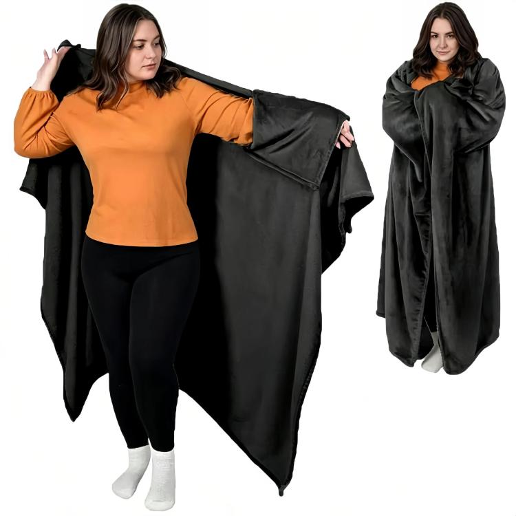 Black wearable blanket with sleeve openings for warmth over clothing