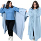 Light blue wearable blanket with sleeve openings and draped back