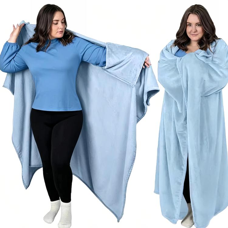 Light blue wearable blanket with sleeve openings and draped back