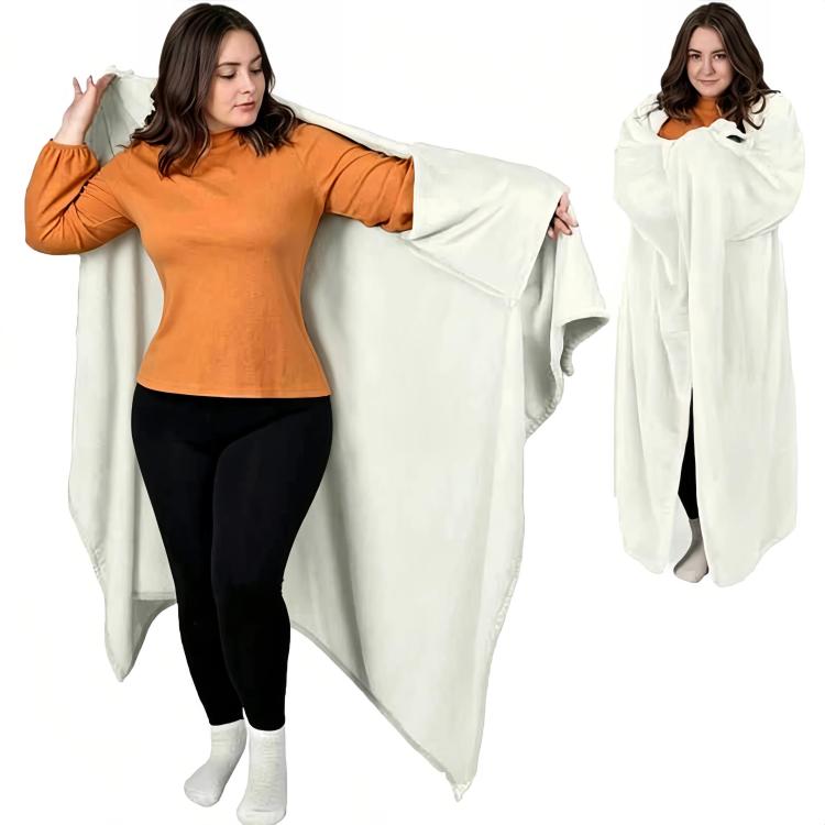White wearable blanket with sleeve openings and draped wrap design