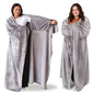 Light gray wearable blanket with sleeve openings and plush hooded wrap