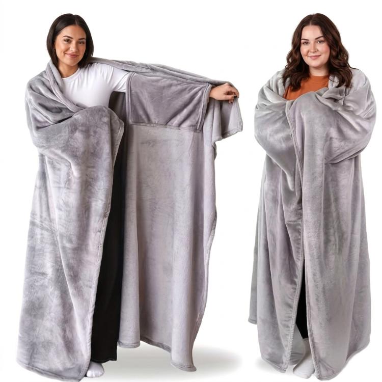 Light gray wearable blanket with sleeve openings and plush hooded wrap
