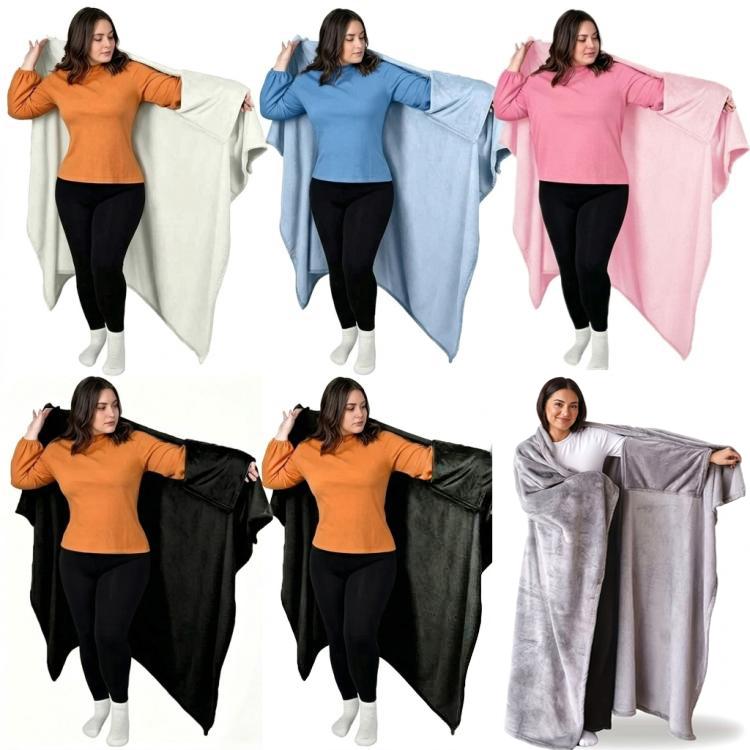 Wearable blanket with sleeve openings in orange, blue, pink, black, and gray