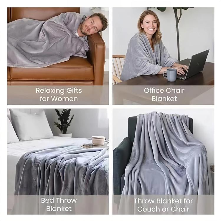 Gray wearable blanket with sleeves for bed, couch, or office chair