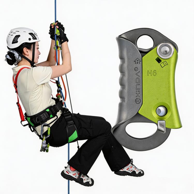 Rope climbing ascender device with green and gray ergonomic handleless body
