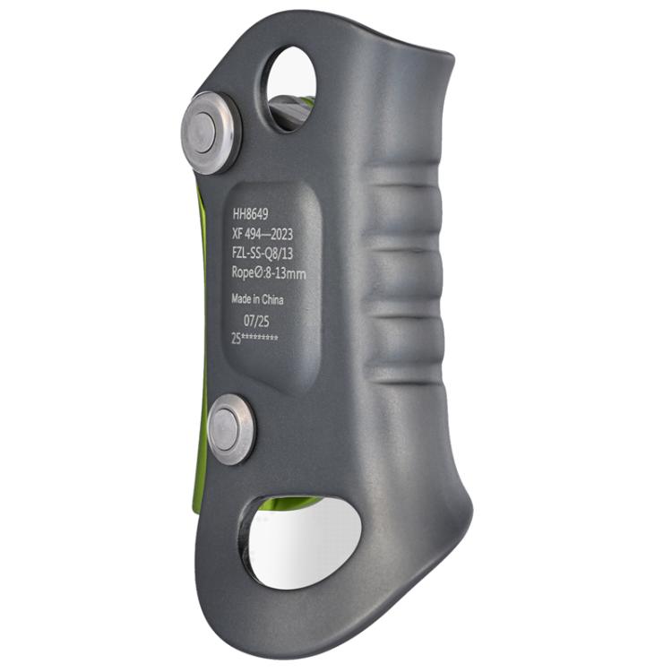 Gray rope ascender with green side panel and metal mounting holes
