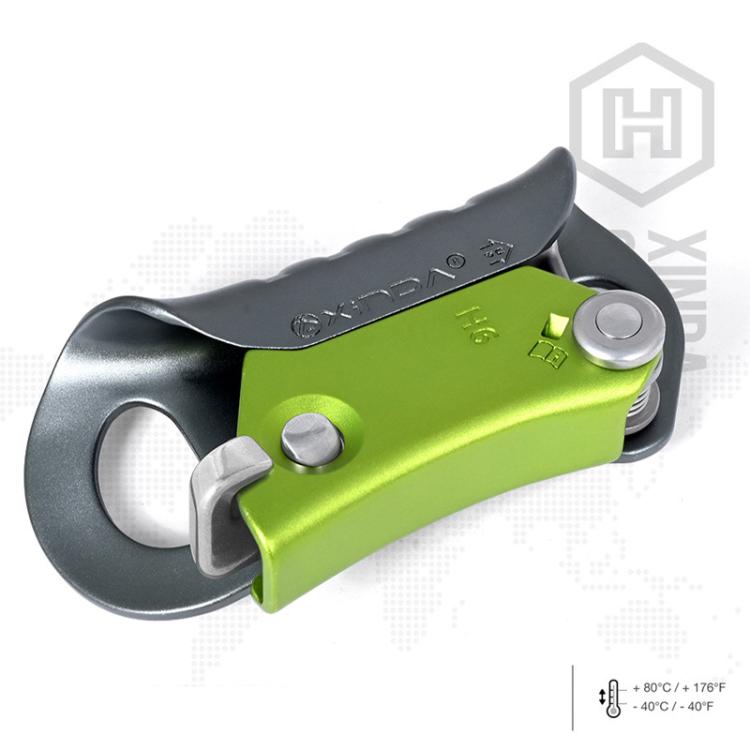 Green and gray handleless rope ascender with metal gripping lever