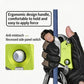 Green and gray rope ascender held in a black glove on a climbing line