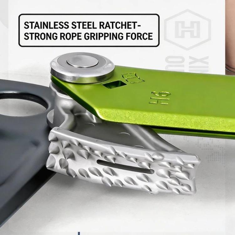 Close-up of green rope ascender with ridged ratchet surface for gripping