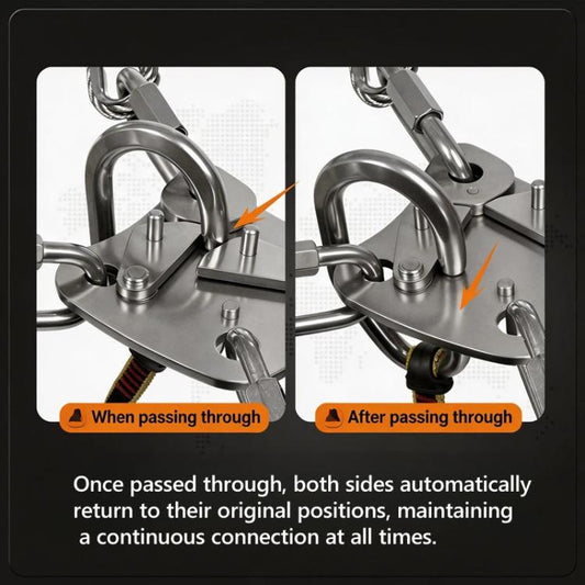 Stainless steel rope divider connector showing passage through and return positions