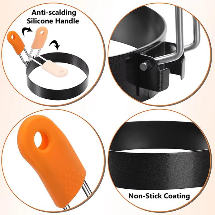 Round egg mold with orange anti-scald silicone handle and black non-stick coating