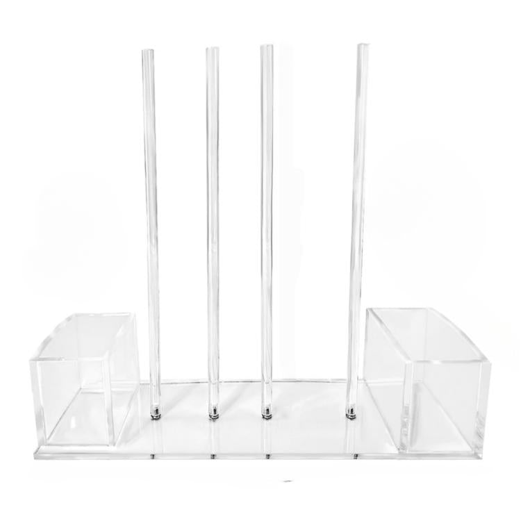 Clear acrylic mason jar lid organizer with four upright posts and side cup compartments