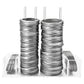 Clear acrylic mason jar lid organizer holding tall stacks of silver lid rings and lids