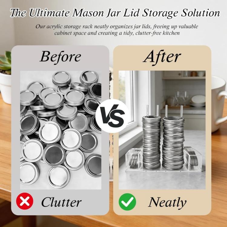 Clear acrylic mason jar lid organizer neatly holding stacked silver lids