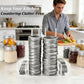 Clear acrylic mason jar lid organizer holding stacks of silver lids on the countertop