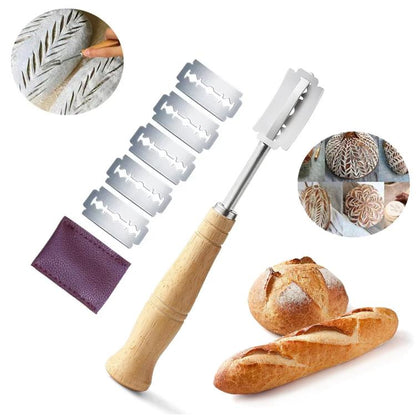 Curved bread trimming knife set with stainless steel blade, wooden handle and leather sleeve