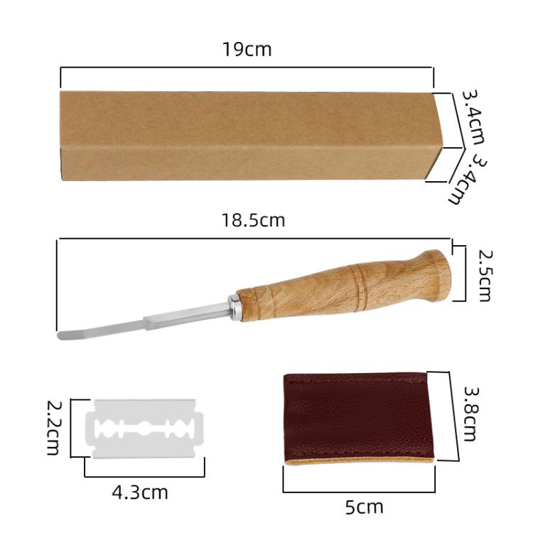Bread trimming knife dimensions with wooden handle, stainless steel blade and leather sleeve