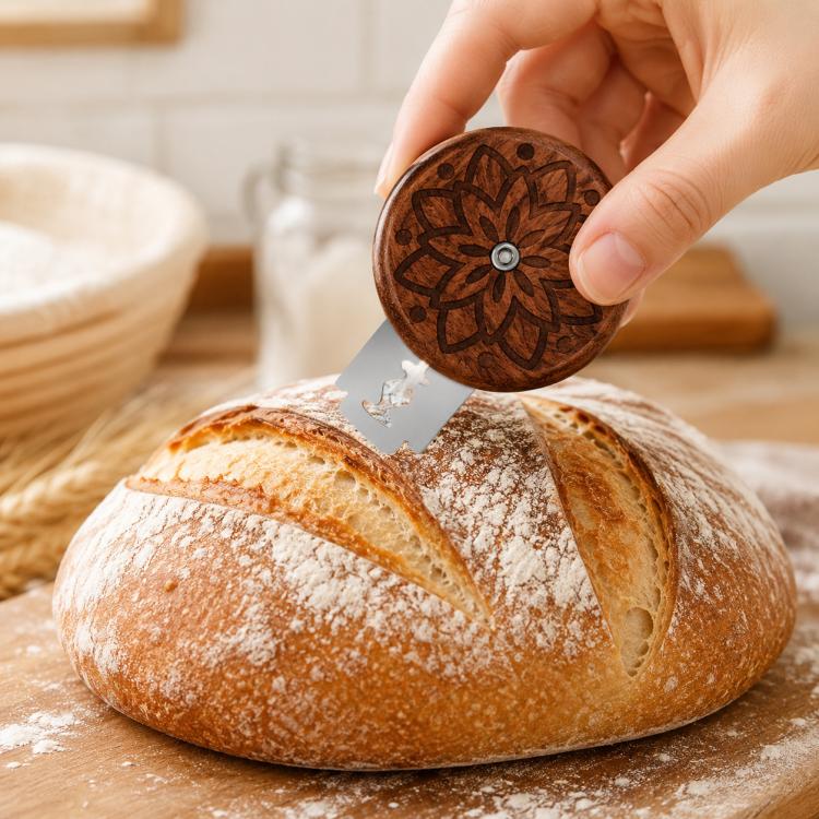 Wood-handled bread slicer disc with floral engraving and retractable blade cutting loaf