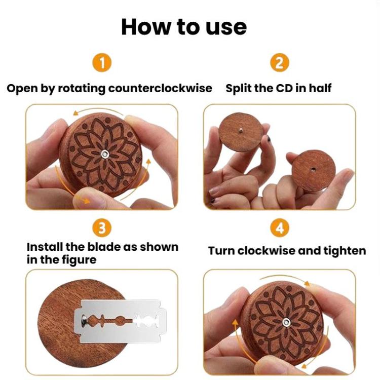 Wooden slicer disc rotates to open and lock retractable blade for use