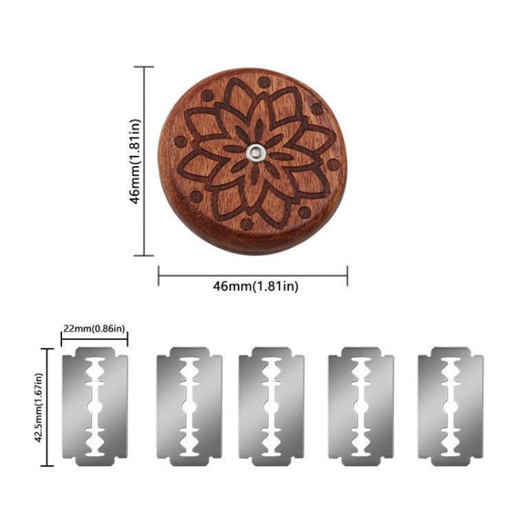 Compact wooden bread slicer disc with floral engraving and five blade inserts