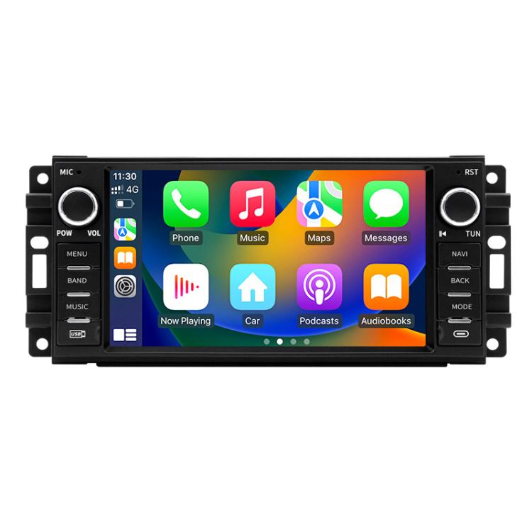 7-inch car GPS head unit with colorful touchscreen icons and function buttons on right panel