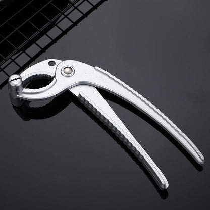 Curved aluminum tong tray lifter with serrated grip handles and locking hinge