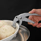 Curved tray lifter tongs clamping onto pot rim with ribbed heat-grip handles