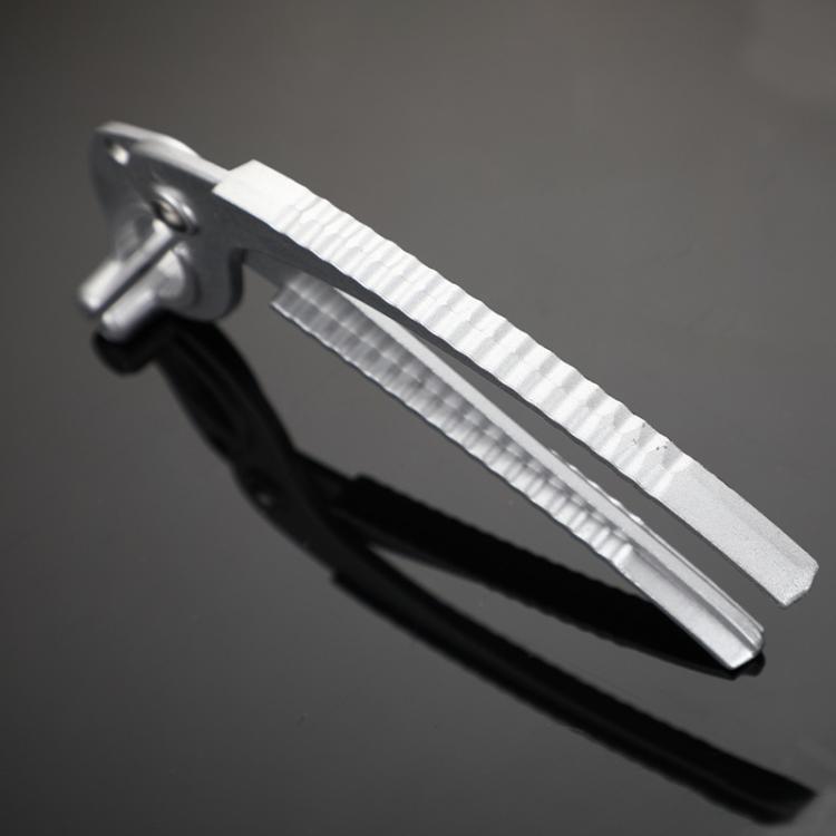 Silver curved aluminum tongs tray lifter with ribbed grip and locking lever