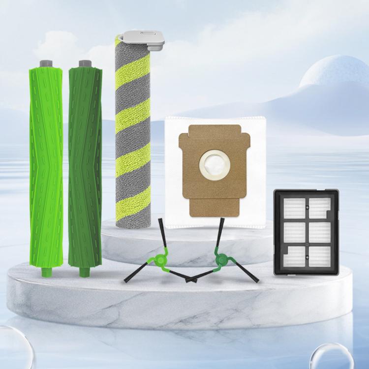 Robot vacuum replacement kit with green brushes, dust bag, and HEPA filter