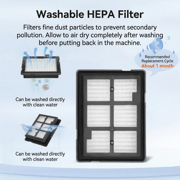 Robot vacuum washable HEPA filter with gray mesh panels in black frame