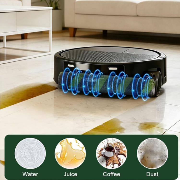 Robot vacuum cleaner with blue cleaning indicator lights on the floor