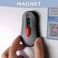 Magnetic bread scoring knife with black body and red button, blade cover extended