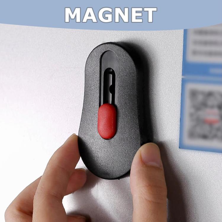 Magnetic bread scoring knife with black body and red button, blade cover extended